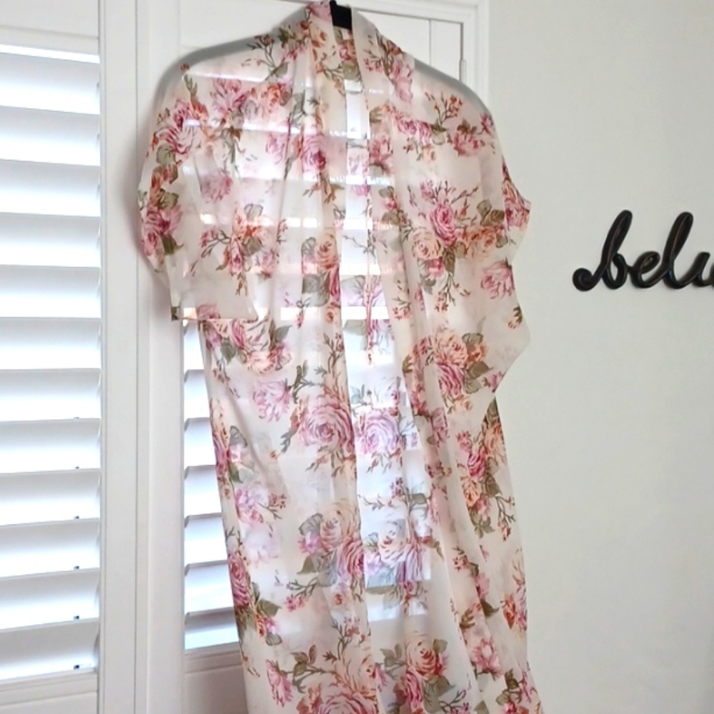CHERRY ON TOP SHEER CREAM WITH PINK ROSES NIGHT GOWN COVER-UP SZ M